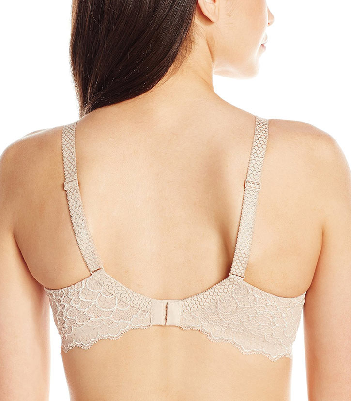 Back view of Caresse 3D Plunge t-shirt bra with lace detail.