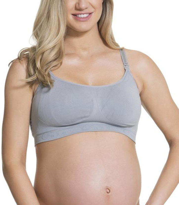 Pregnant woman wearing Cotton Candy nursing bra in heather grey colour.