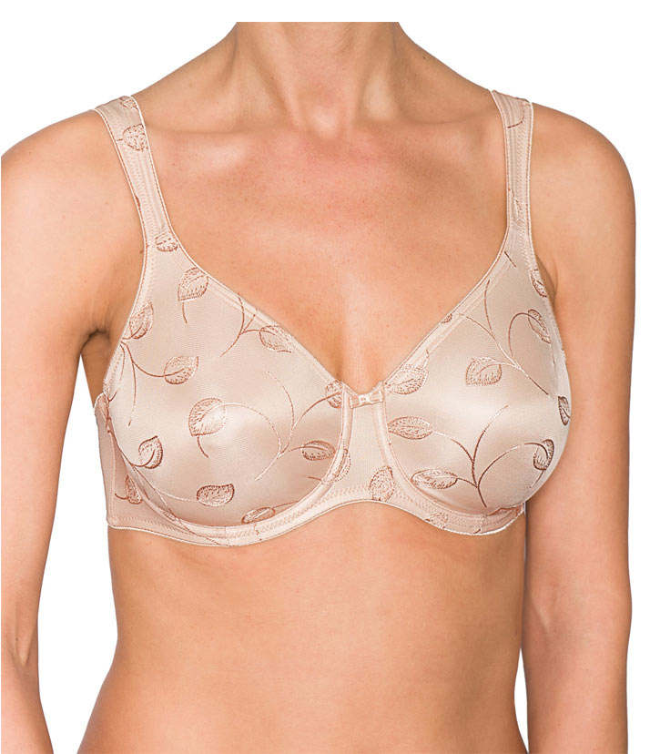 Woman modelling Emotions Seamless full cup t-shirt bra with leaf print in nude.