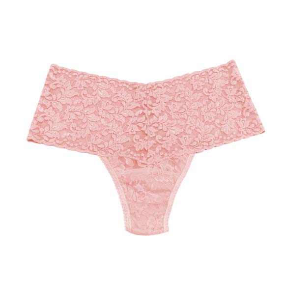 Microfiber and Wide Lace Band Thong Panty - Bright pink