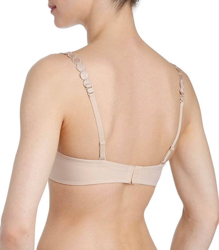 Rear view of a padded plunge t-shirt bra in beige colour.