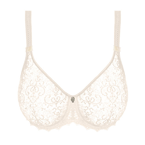 White lace t-shirt bra with underwire and full coverage.